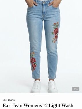 Earl Jean Womens 12 Light Wash‎ Floral Butterfly Embroidered Skinny Ankle Jeans